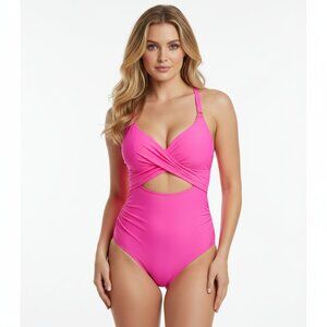 Barbiecore Neon Pink 1Piece Swimsuit Halter Push-up Cross Twist front cutout NEW